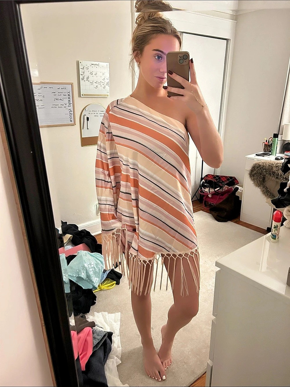 Viral Striped Fringe Dress/Coverup in Orange & Cream New